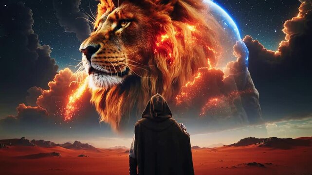 A hooded figure stands in a desert gazing up at a giant celestial lion's head formed from glowing clouds and fire in the starry night sky