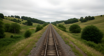 Railroad tracks stretch through rolling green hills under an overcast sky, creating a sense of journey and solitude in the rural landscape.