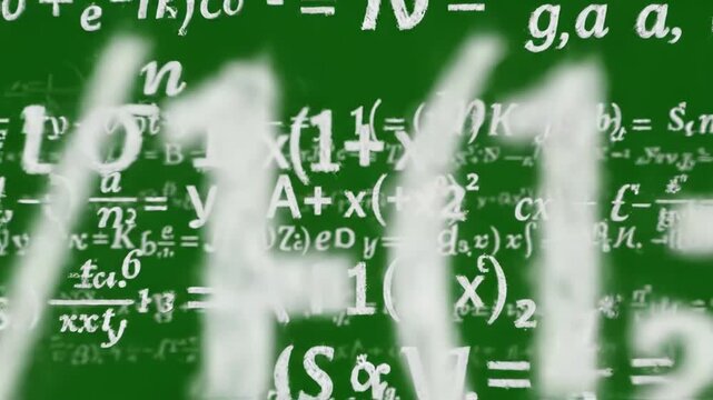 Mathematical equations on green background