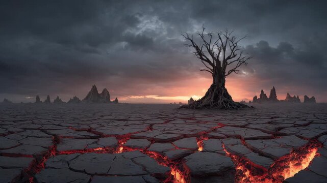 Lone dead tree cracked volcanic desert ground with glowing lava fissures and dramatic cloudy sunset sky evoking desolation and harsh survival barren cracked ground dead tree glowing lava fissure