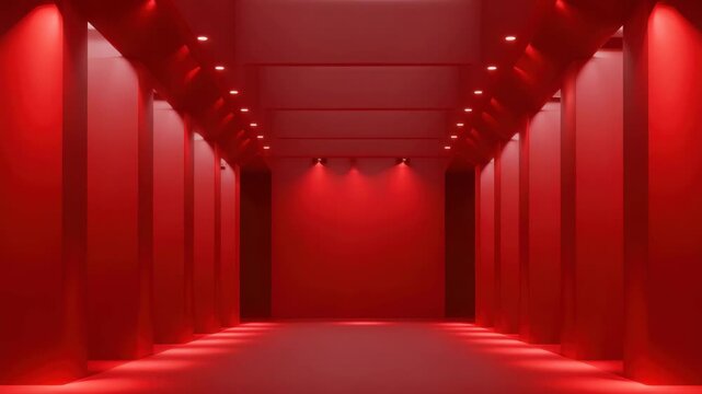 Red corridor interior with dramatic ceiling spotlights creating moody reflections and symmetrical columns evoking modern architectural minimalism and cinematic atmosphere red interior hall with