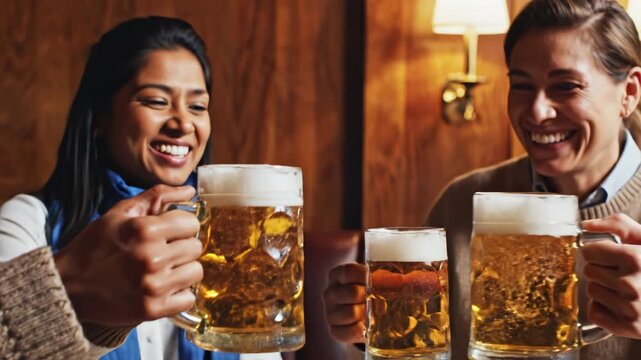 Two people clinking beer mugs