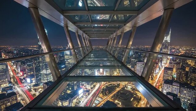 Stunning Night View from a Glass Skywalk in a Modern City.