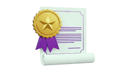 3D Render of a Certificate with Gold Star Medal and Purple Ribbons