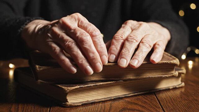 Elderly hands resting on old books