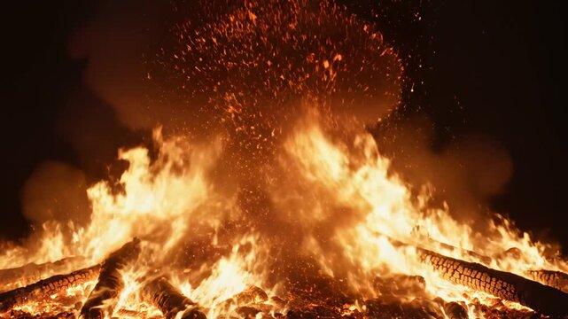 Intense burning fire with glowing embers