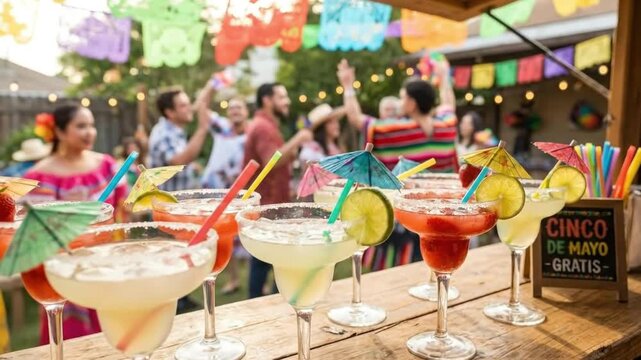 Cinco de Mayo party celebration with row of refreshing lime and strawberry margaritas on wooden bar outdoors