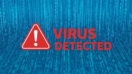 Prominent digital security alert featuring a red warning sign and virus detection text