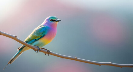 A magnificent and colorful bird, displaying a captivating blend of purple, pink, and blue feathers, perches gracefully on a slender branch, bathed in soft, ethereal natural light