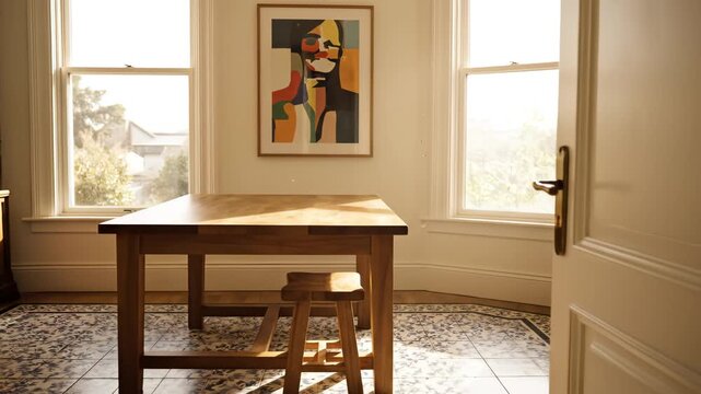 Sunlit room with wooden table and abstract art