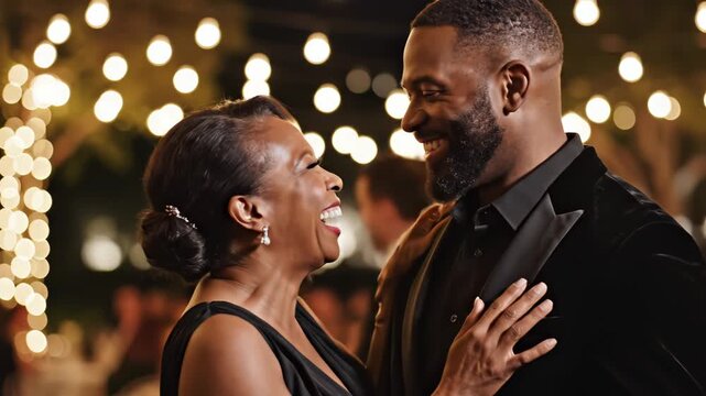 Smiling couple in formal attire at night