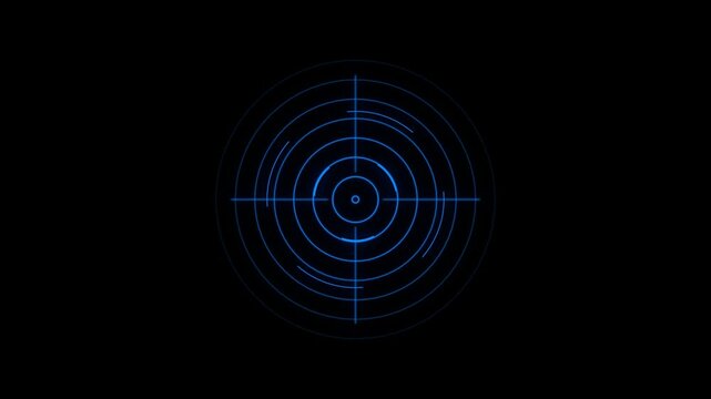 A futuristic digital crosshair with concentric blue rings and a dark black background, representing a targeting reticle or scope for technology, gaming, and interface