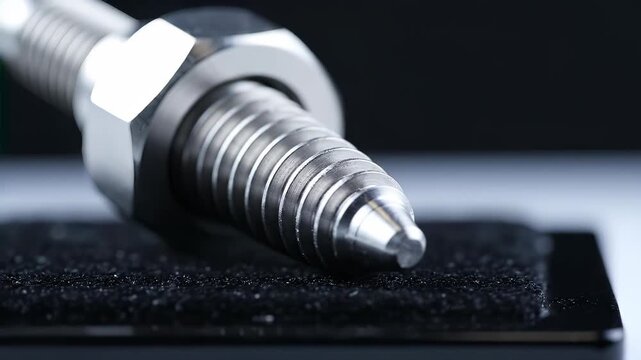 Close-up of a shiny metal bolt with a nut on a dark surface.