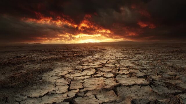 Parched cracked earth dry soil desert landscape dramatic sky sunset drought arid plain cracked ground barren land wide angle cracked dry earth expanse dramatic fiery sunset sky barren landscape with