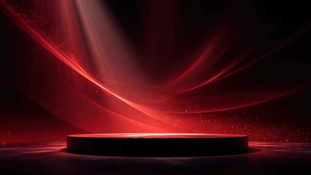 Red circular stage pedestal spotlight with flowing red fabric backdrop and swirling red light trails, cinematic theatrical platform bathed dramatic red light beams and sparkling floating particles