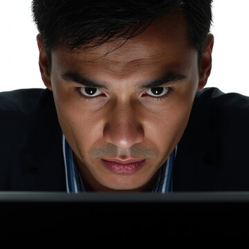 A man with intense focus looking at a computer screen in a dark environment, apparently working or gaming late at night