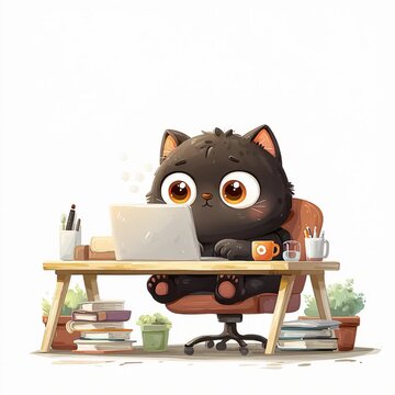 Adorable kitten focused on laptop work surrounded by books and coffee cups