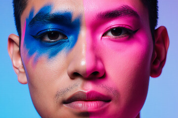 A striking close-up portrait of an Asian man shows his face divided down the center, featuring dramatic blue makeup on one side and vivid pink on the other.
