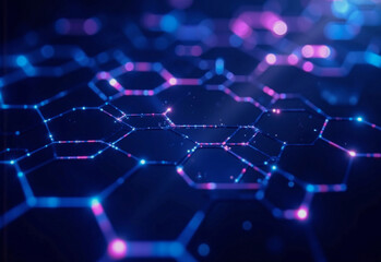 A digitally rendered abstract hexagonal grid glows with vibrant blue and magenta nodes, symbolizing complex network connections and rapid data flow.