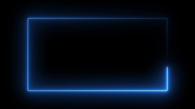 A glowing neon blue rectangular frame with a subtle gap in the right corner, set against a dark black background, digital borders or futuristic