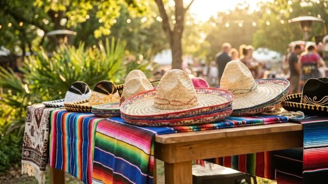 Traditional Mexican Sombreros and Colorful Serape Blankets Displayed on Wooden Table at Outdoor Sunny Festival
