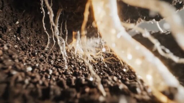 Close-up view of plant roots growing in dark soil with glowing elements.