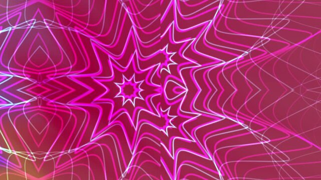 Symmetrical starburst kaleidoscope overlay pattern in pink, white, and maroon hues. Suitable for backgrounds, textiles, fashion accessories, stationery, and home decor.