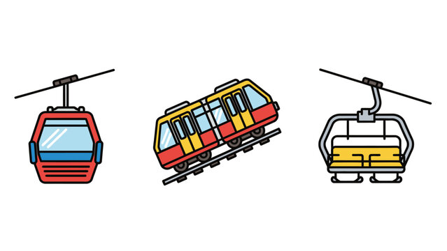 Illustrated collection of mountain transport: cable car, funicular railway, and chairlift icons for elevated travel