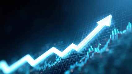 Rising arrow graph showing upward business growth and financial trend with glowing blue line, upward arrow growth chart data visualization financial graph blue trend digital display stock market - Powered by Adobe