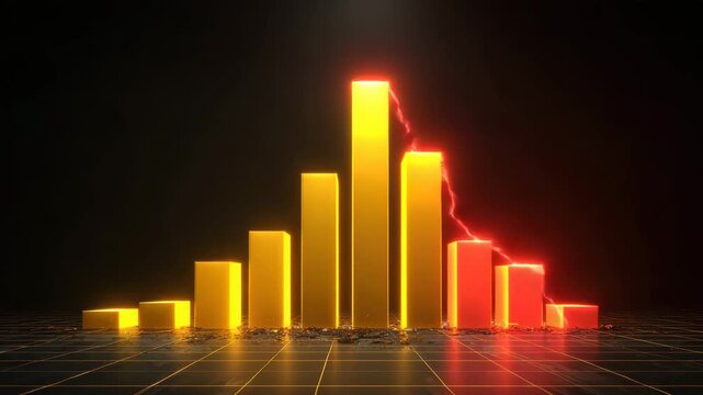Gold and red illuminated 3d bar chart reflective grid floor with glowing neon columns debris and lightning accents suggesting dramatic data shift and gold chart showing ascending then descending bars