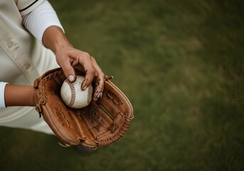 Close up of baseball player hands with dirt holding ball in leather glove on green grass field