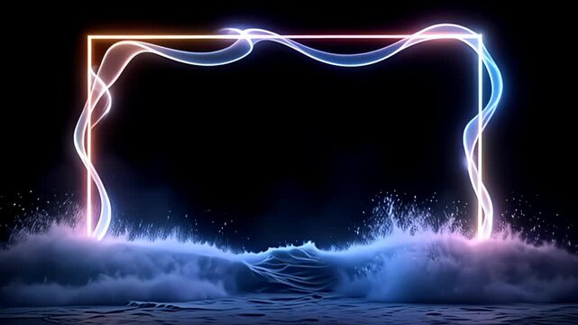 Soft beams pulse rhythmically around a Floating hologram Border Frame outlined in light beams, with prismatic light flows that ebb and flow as if alive, giving the illusion of gentle waves