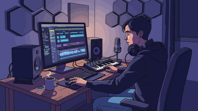 Young man producing music in home studio with computer