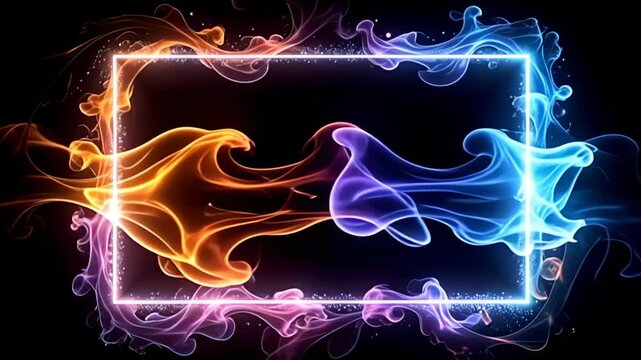 A mesmerizing scene unfolds as a Floating hologram Border Frame outlined in light beams hovers centrally, surrounded by a swirling dance of vibrant, iridescent colors, creating a