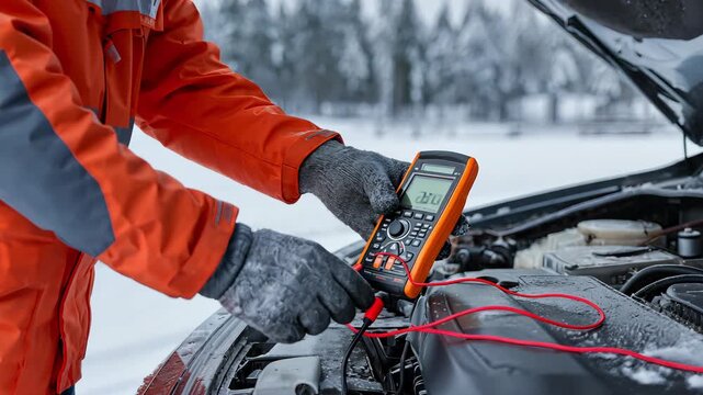 Mechanic checks car engine with multimeter in winter