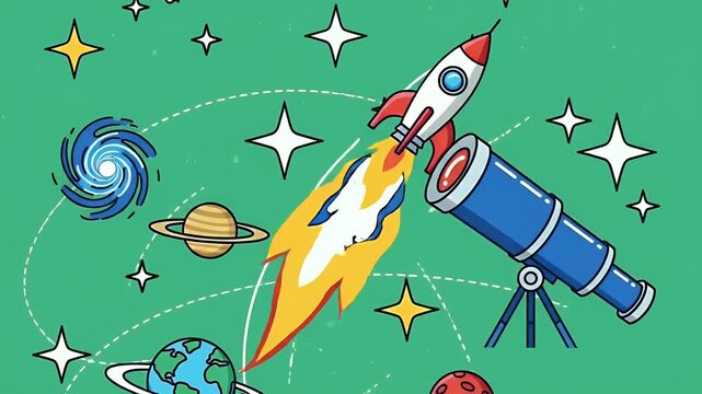 Pixel Art Rocket Launching Through Space Stars Planets Telescope