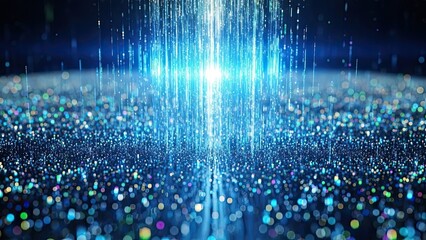 Abstract blue fiber optics technology background with bright light spots creating a magic bokeh pattern of glowing stars and winter holiday glitter in a motion blur texture