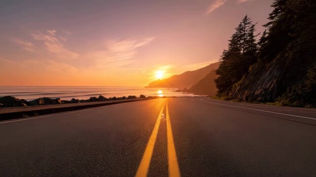 Sunset coastal highway road with glowing double yellow centerline toward distant cliff and ocean shoreline beach cliff pine tree scenic drive sunset light coastal horizon