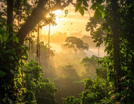 Golden Sunrise Over Lush Tropical Rainforest Canopy with Mist and Vibrant Green Foliage.