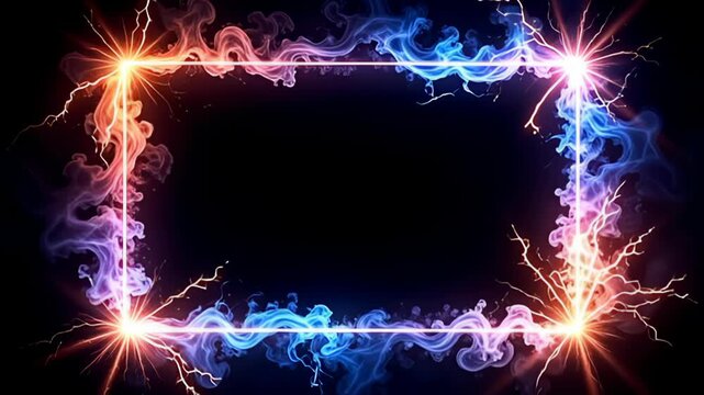 Encased in a whirlpool of colors, the Floating hologram Border Frame outlined in light beams radiates a fiery glow, as sharp bursts of light crackle and flicker around the frame, creating an