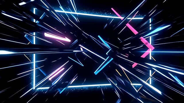 A bold floating hologram Border Frame outlined in light beams stands strong amidst a whirl of sharp, geometric shapes and vibrant colors that slice through the black canvas, offering a