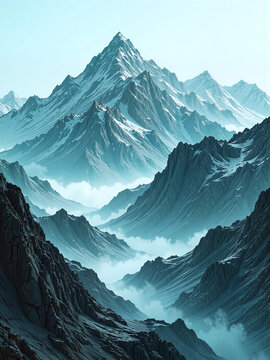 Abstract mountains, flowing lines, blue-green palette, misty texture, modern art,Flowing forms transform mountains into a calm, abstract natural vision.
