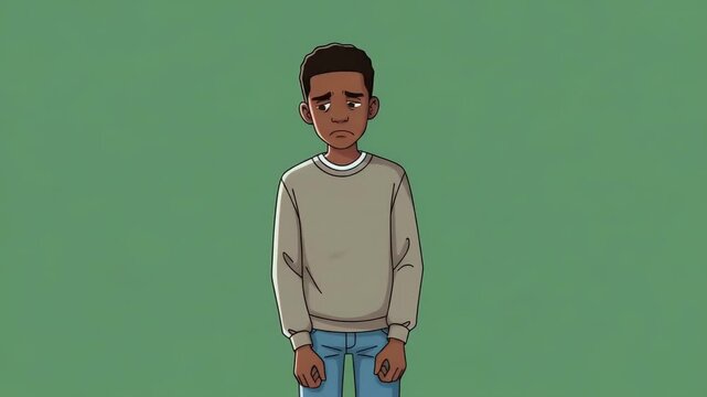 Pixel Art Sad Young Man in Sweater and Jeans Green Background