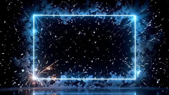 An intriguing display features a Floating hologram Border Frame outlined in light beams, where volatile shards of light collide and scatter around the frame's edges, forming a captivating