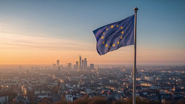EU flag standing tall above a European metropolis