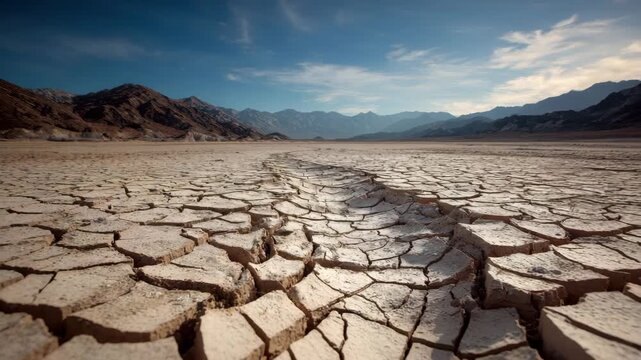 Cracked dry desert floor stretching toward distant mountain range under dramatic blue sky with scattered clouds, arid landscape evoking heat, drought and solitude on parched barren valley