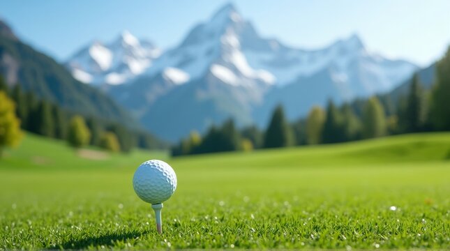 Golf ball perched on a tee ready to strike on a vibrant green course with mountains