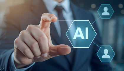 Businessman pressing virtual touchscreen button