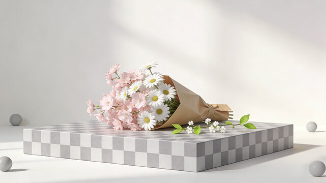 Ins Korean Spring Chessboard Flower Bouquet Background