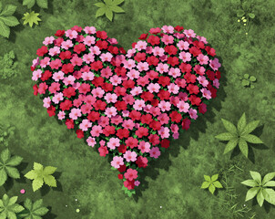 A stylized heart shape created from densely packed red and pink flowers rests on vibrant green ground cover in this overhead digital illustration.